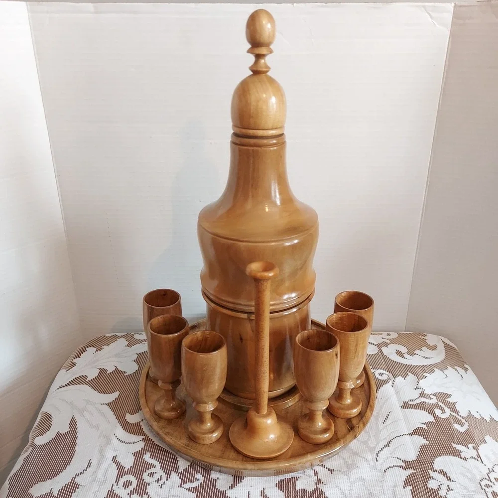 Vintage Hand Turned Wood Decanter Set 6 Goblets Tray Mid Century Modern Barware